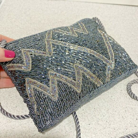 Vintage Beaded 1980's Evening Bag Retro Gray & Silver Shoulderbag Dressy Purse - Picture 8 of 8
